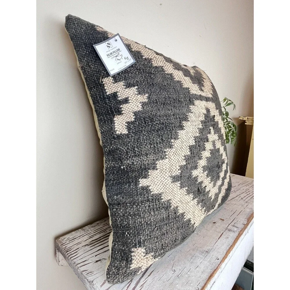 Vintage Bohemian Geometric Design Jute Linen Woven Throw Pillow 20”x 20” Modern